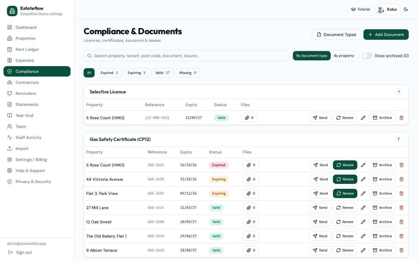 Compliance screen in Estateflow