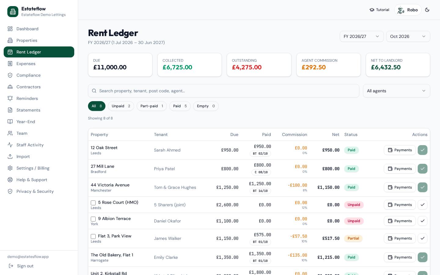 Rent screen in Estateflow