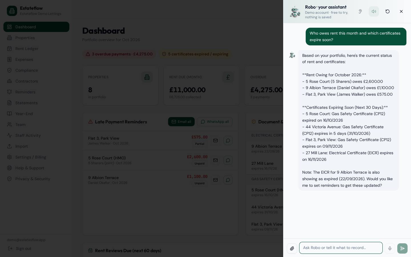 Robo AI screen in Estateflow